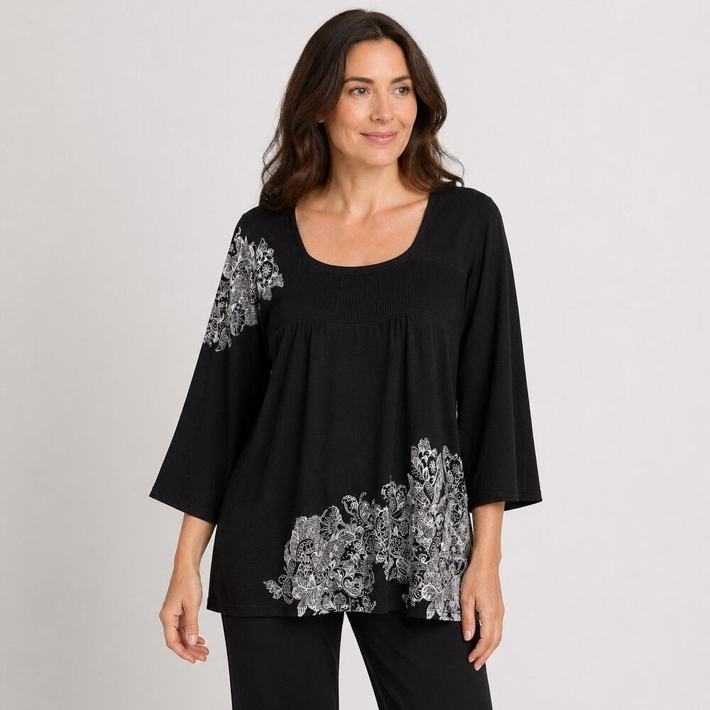 Unity World Sweater XL Black Gray Floral Rhinestone Knit Tunic Pullover